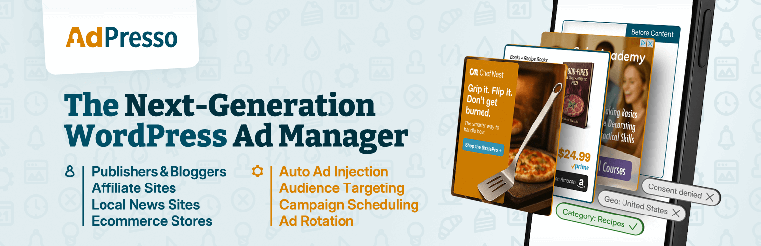 AdPresso WordPress Ad Manager promotional banner with smartphone display.